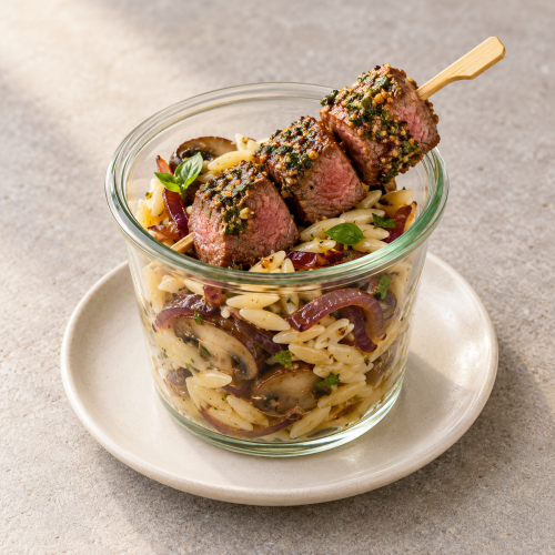 Rinderfilet-Spieß im Glas mit Basilikum-Senfkruste – KI-generiertes Symbolbild