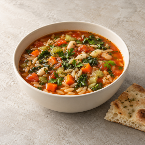 Minestrone mit Reisnudeln und Kräutermix – KI-generiertes Symbolbild